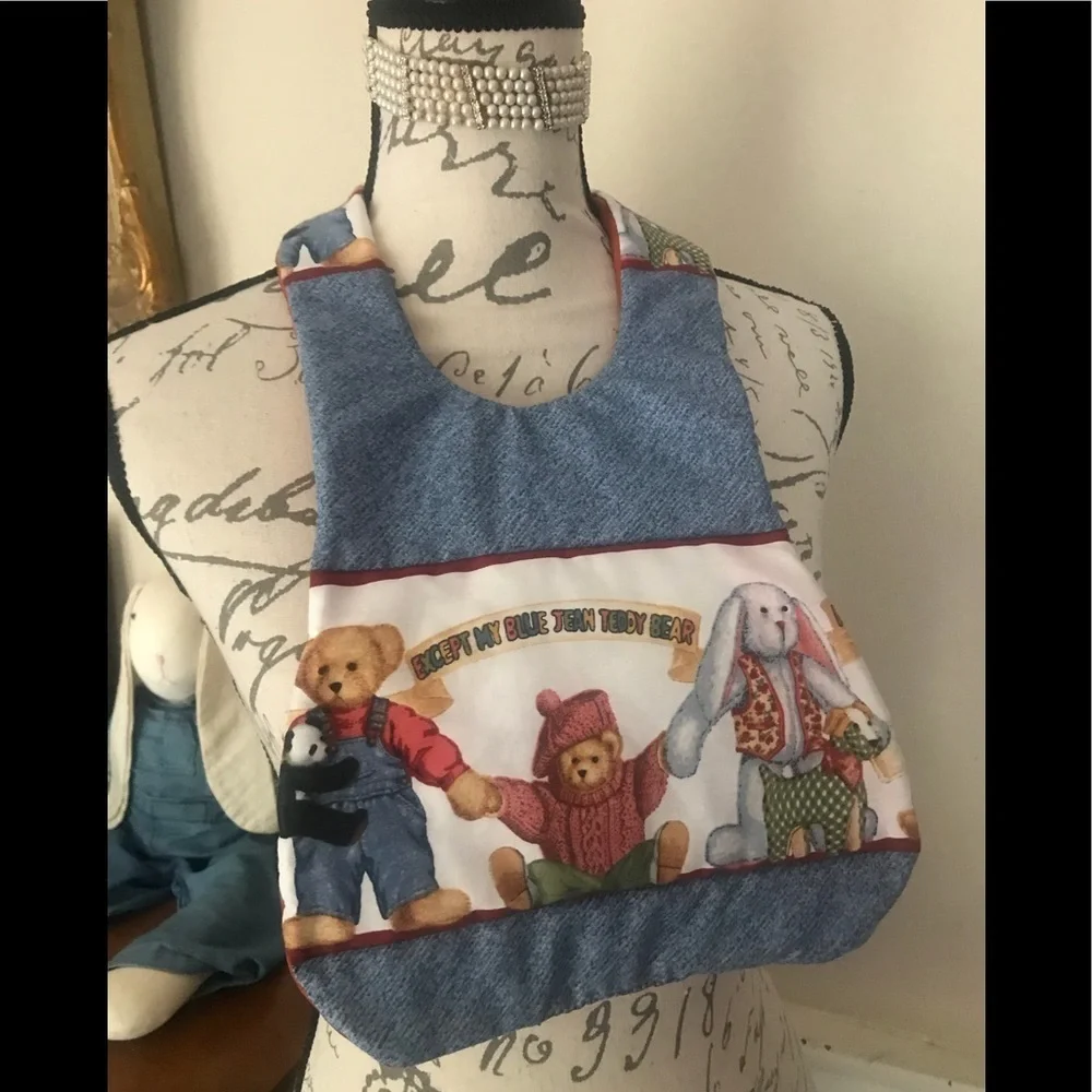 Rare Daisy Kingdom Blue Jean Teddy Bear Quilt Bib